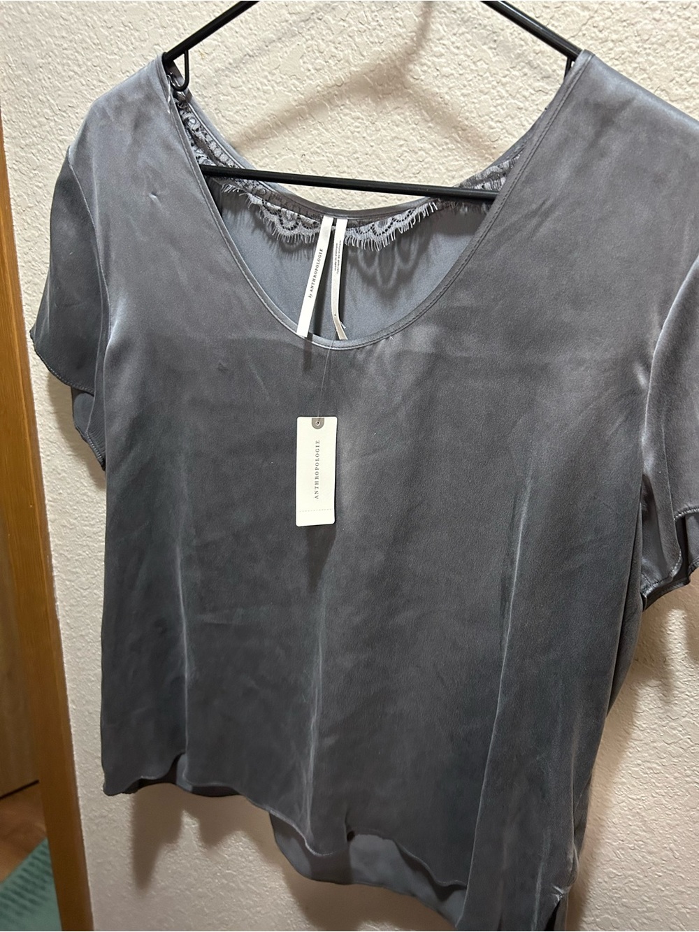 Anthropologie Slate Gray Silk Short-Sleeve Blouse